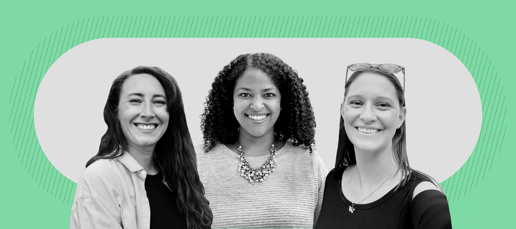 Three people stand smiling in front of a green graphic background. 