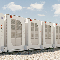 Rows of carbon-free energy battery storage devices with blue sky and clouds in the background. 