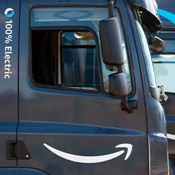 The truck door of an all-electric Amazon delivery truck. 