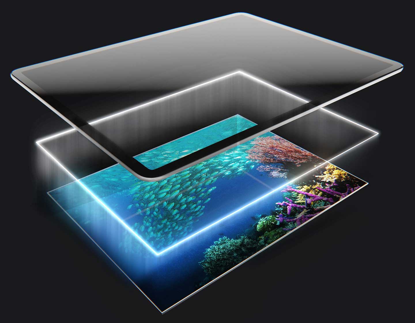 A rendering of technical components stacked on top of each other. 
