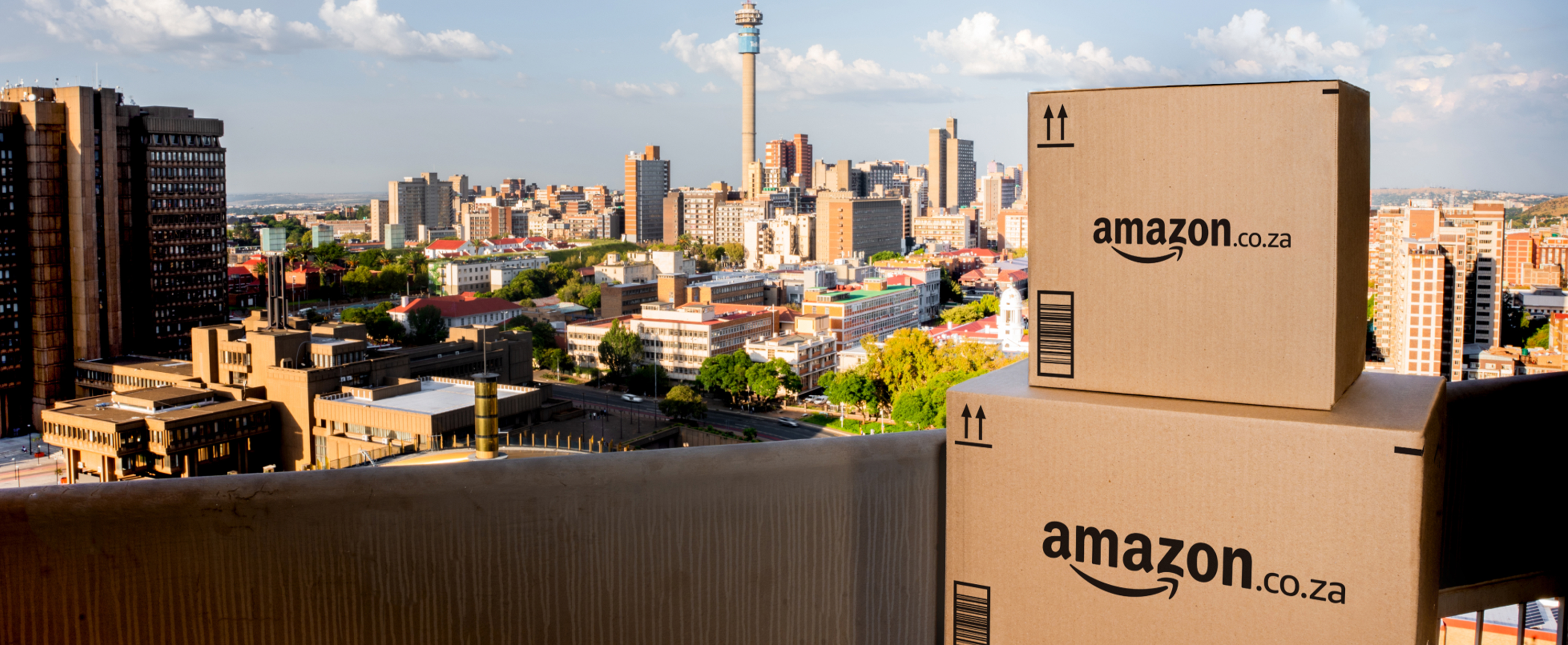 Boxes stacked with a view of South African skyline.