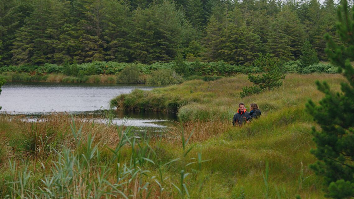 Two people stand in peatlands, overlooking a waterway.