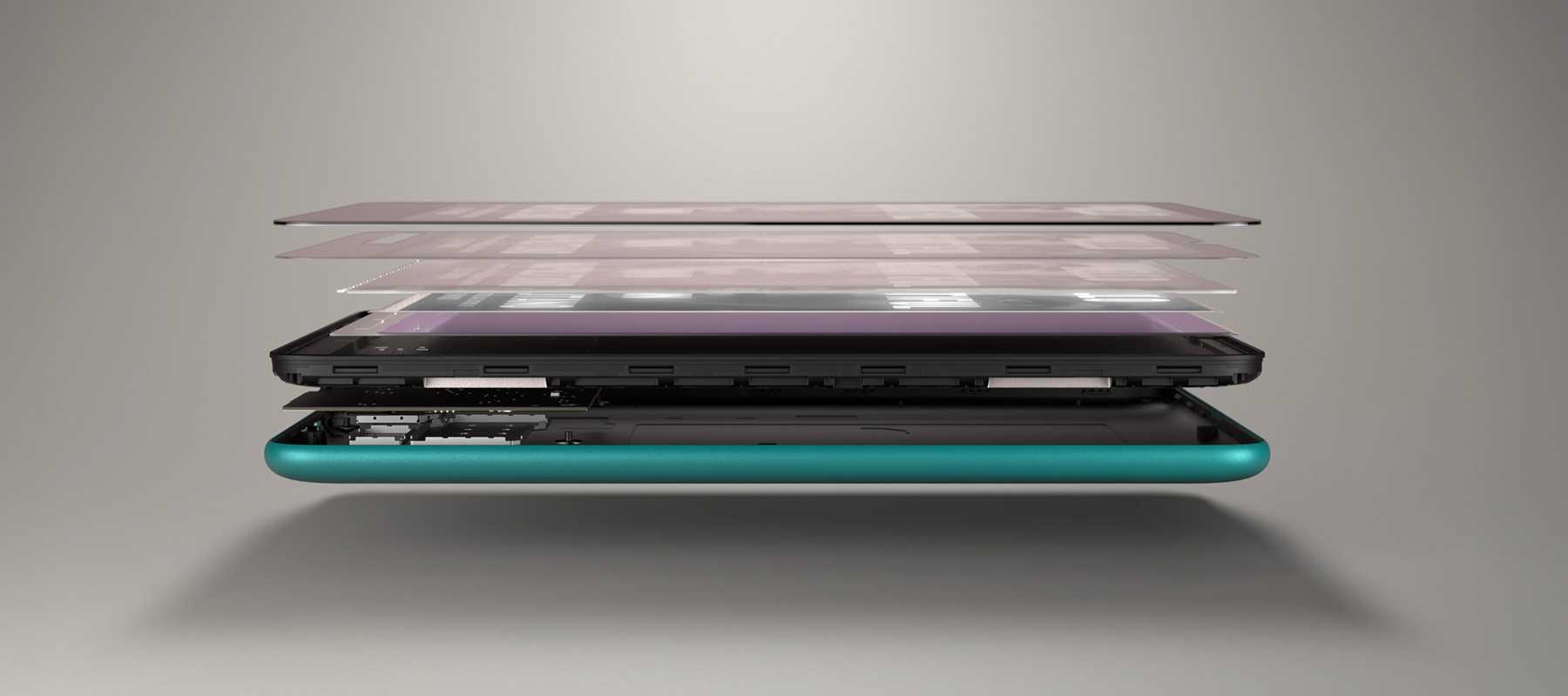 A rendering of different layers of a device stacked on top of each other. 