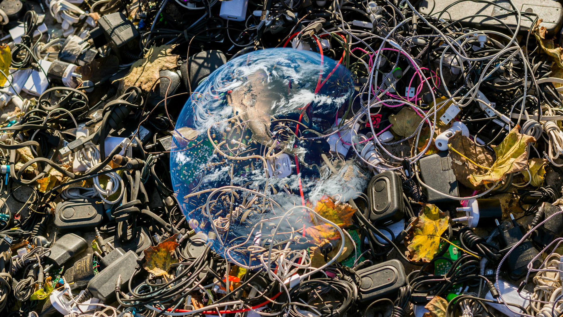 Electroncics scattered around a graphic of a globe. 