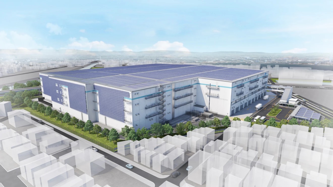 Rooftop- and wall-mounted solar panels as seen on the fulfillment center in Nagoya, Japan.