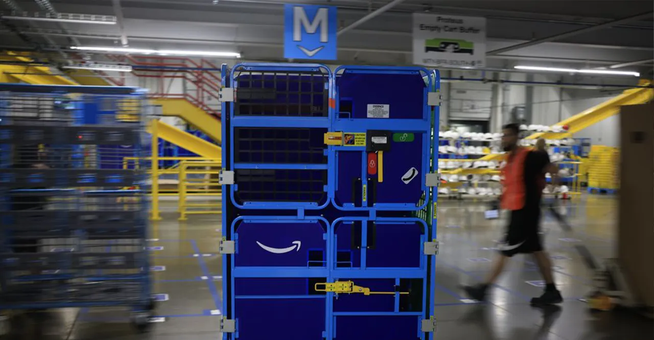 A tall cart used to transport items in a busy warehouse setting.