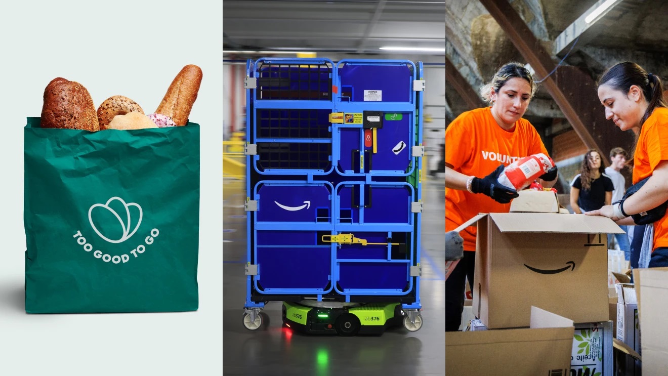 A grocery bag with bread, blue containers being carried by a robotic machine, and volunteers packing items into a cardboard box.