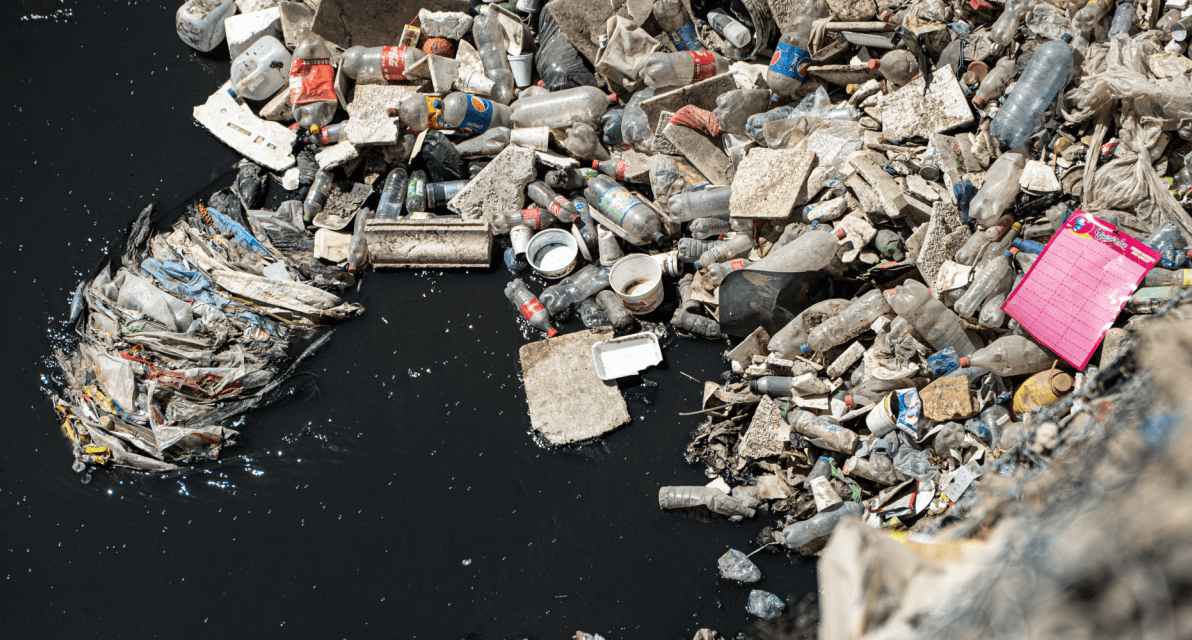 Piles of garbage gather at the ocean's surface.