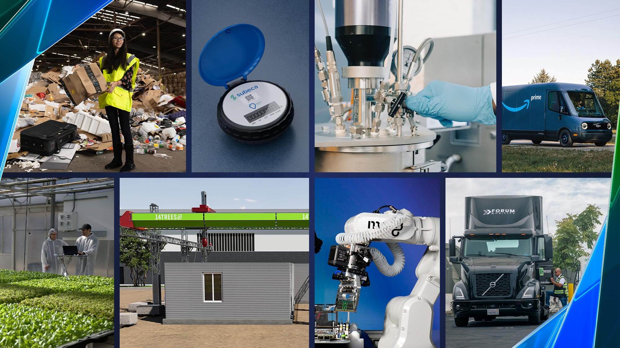 A collage of different photos showcasing various Climate Pledge Fund investments.