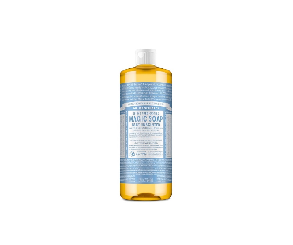 A bottle of soap with a white and blue label. 